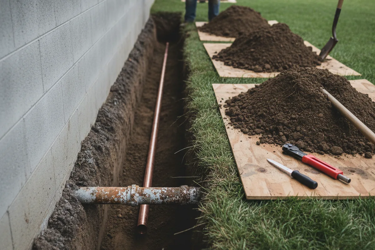 Excavated water line trench during Sewer Line Repair in Hye